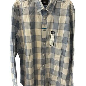NWT Louis Raphael men’s dress shirt, no button collar, blue and white plaid, XL